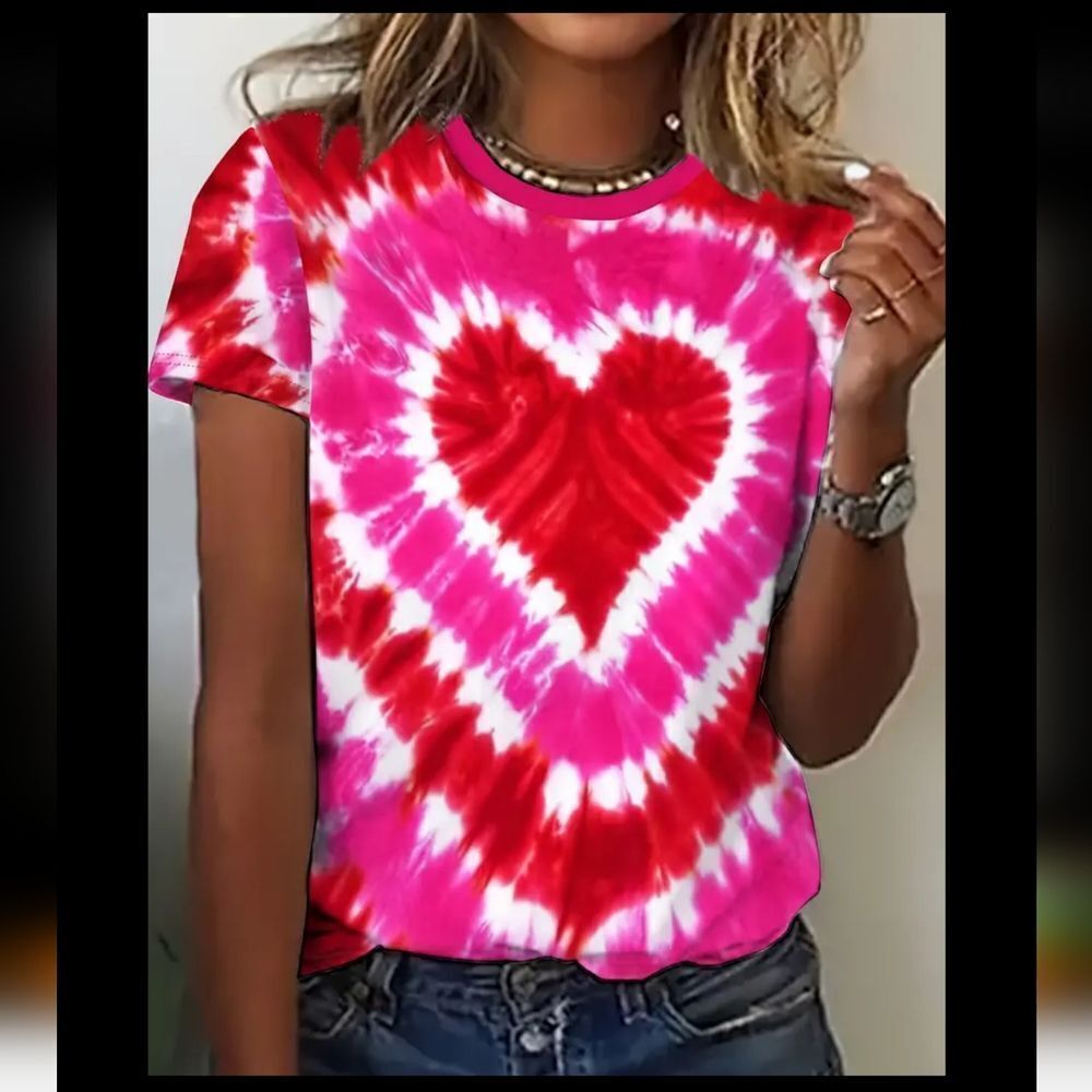 Vivid Pink Red Valentine's Day Heart Print Crew Neck T-Shirt Sz 14